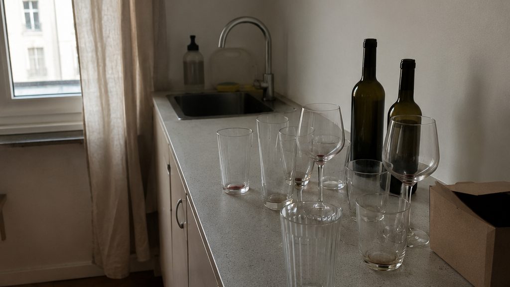 Glasses and bottles left on a counter